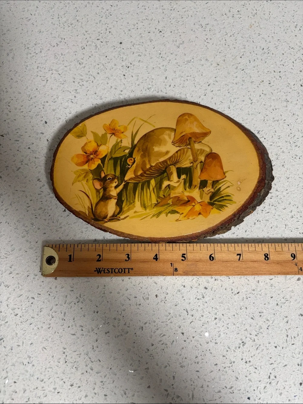 VTG 70’s Rustic Yellow Mushroom & Mouse Oval Wood Slice Decoupage Wall Plaque
